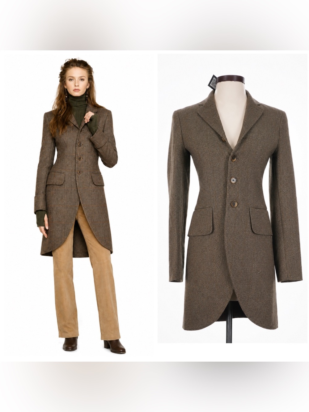 Ralph Lauren Vintage Wool Long Blazer Coat Herringbone Brown Equestrian Italy 2